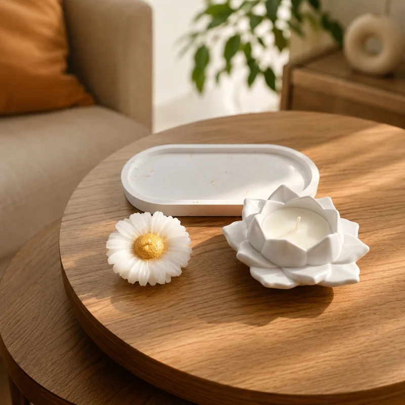 Salon dekorasyonu için GV Atelier el yapımı taş tozu lotus mumluk, dekoratif papatya mum ve oval sunum tabağı seti
