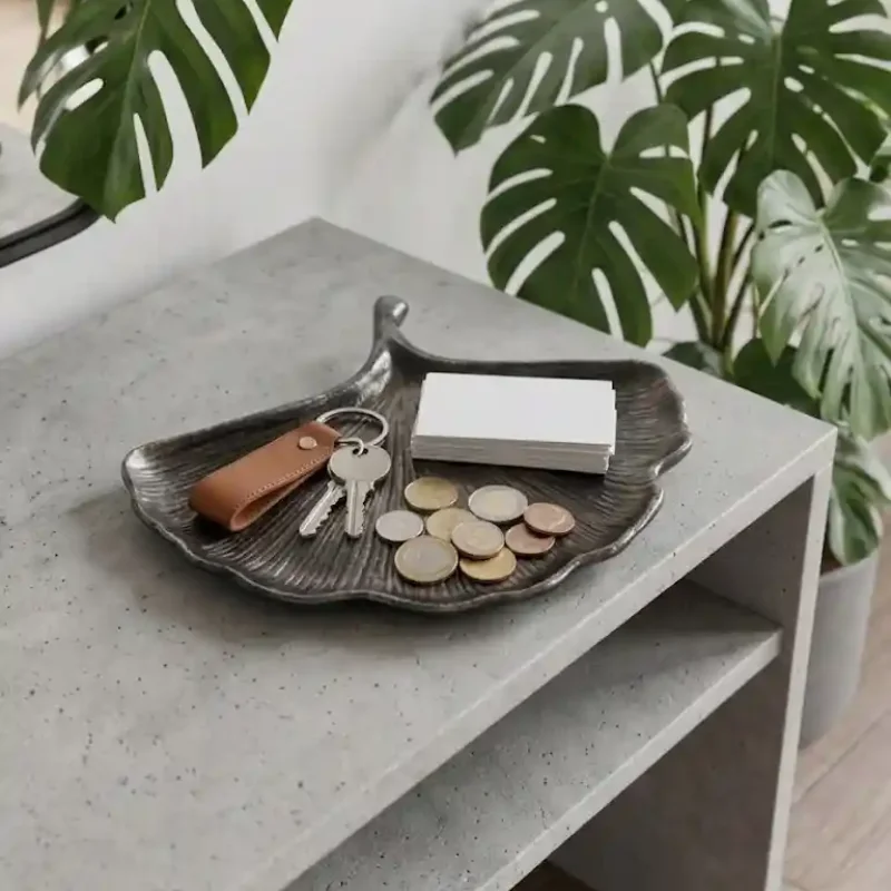 Antrasit Eskitme Detaylı Ginkgo Yaprağı Tasarımlı Çok Amaçlı Dekoratif Sunum Tabağı - GV Atelier - Görsel 2