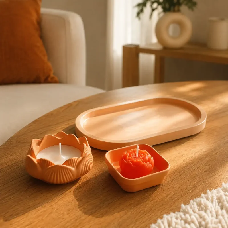 Yavruağzı Lotus Tasarımlı Dekoratif Mum ve Sunum Tepsisi Seti - GV Atelier - Görsel 1