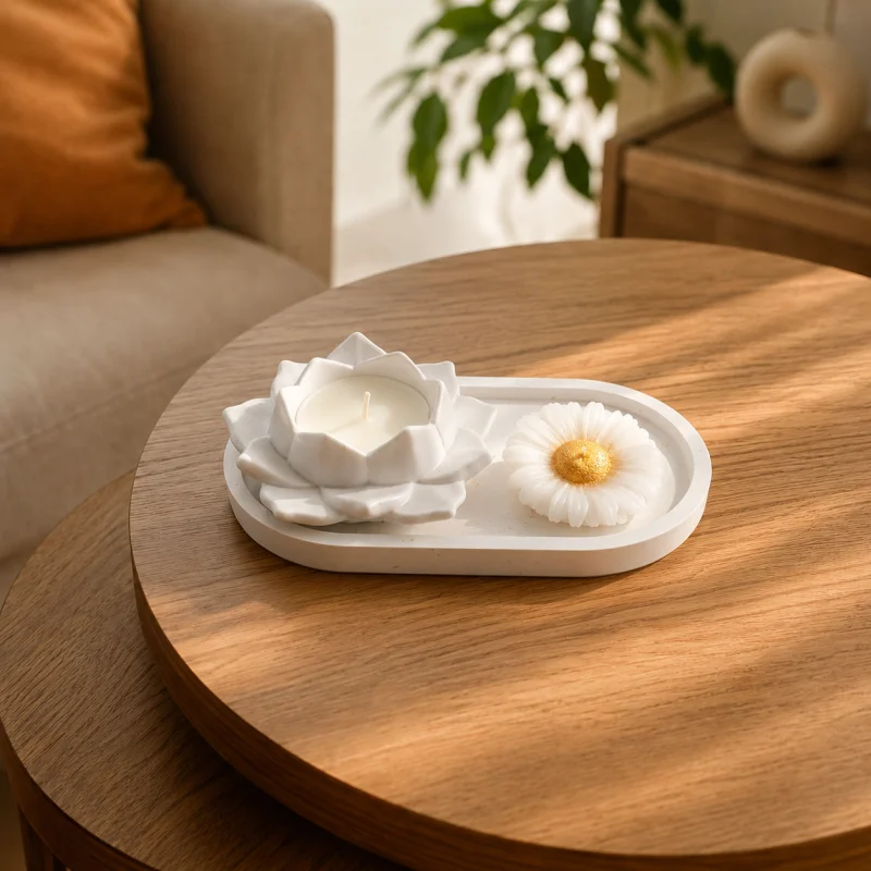 Dekoratif Mum - El Yapımı Taş Tozu Lotus Mumluk ve Papatya Mum Seti - GV Atelier - Görsel 1