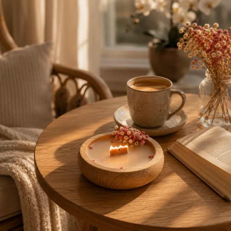 El Yapımı Ahşap Kase Soya Mumu | Cipso Çiçekli &Ahşap Fitilli - GV Atelier - Görsel 1